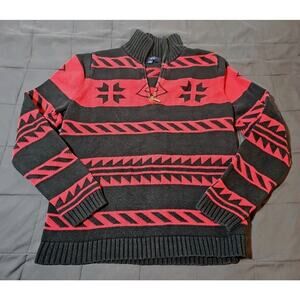 Chaps Sweater Men's Large Black/Red 1/4 Zip Sweater Thick Pullover Aztec Design